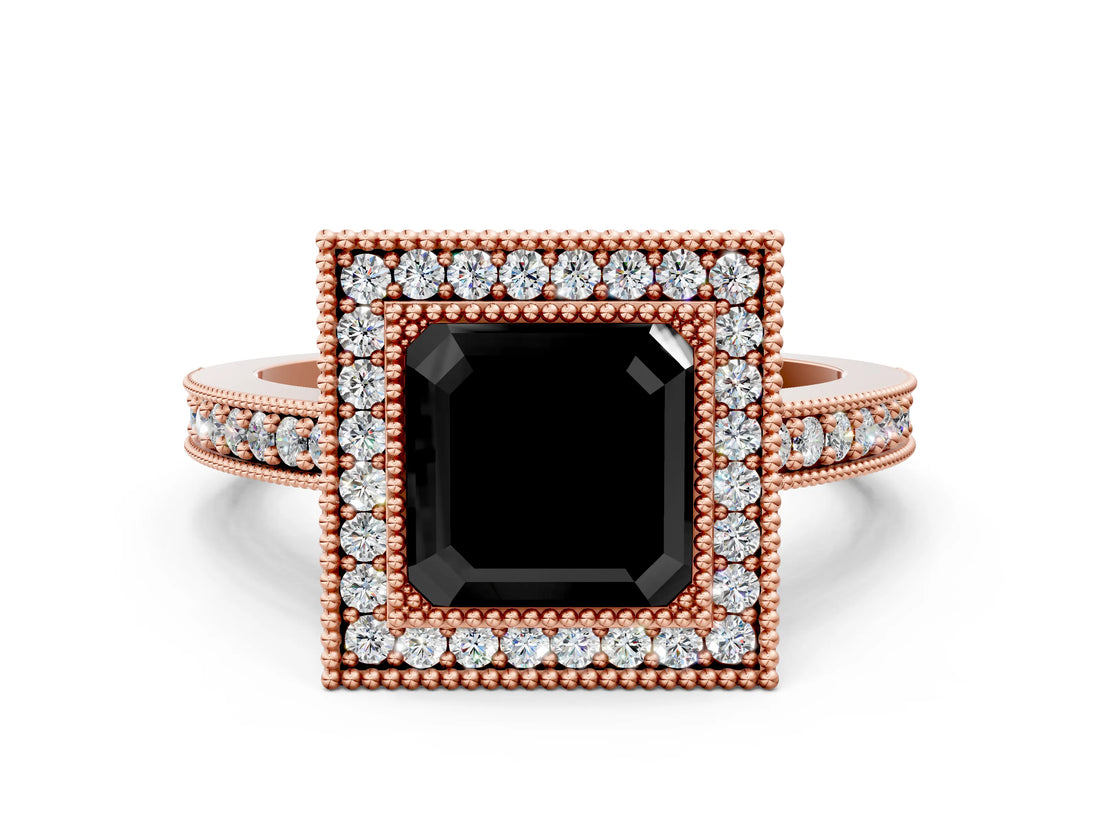 Rose gold Fancy Black Asscher Cut-Cut Diamond Halo Engagement Ring with Pave Band and Prong Setting