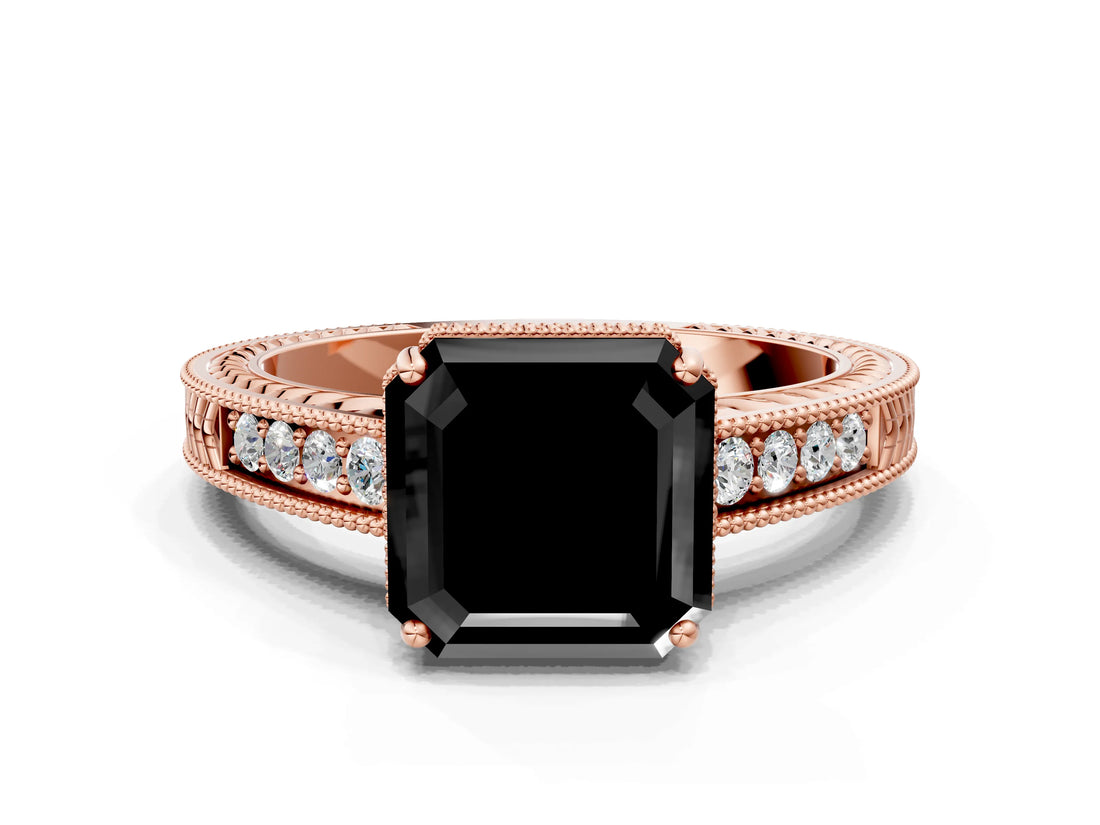 Rose gold Fancy Black Asscher Cut Cut Diamond Milgrain Pave Band Four-Prong Setting Ring_3