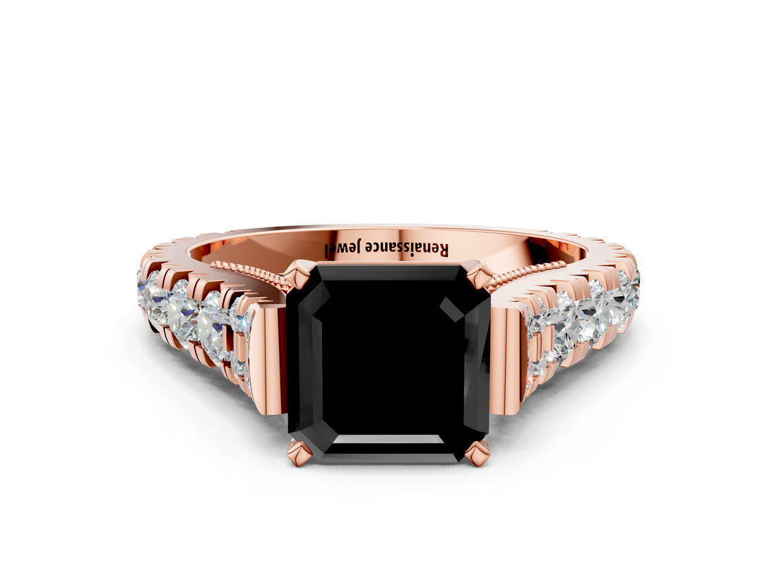 Rose gold Fancy Black Asscher Cut Cut Diamond Pavé Band Solitaire with Four-Prong Setting