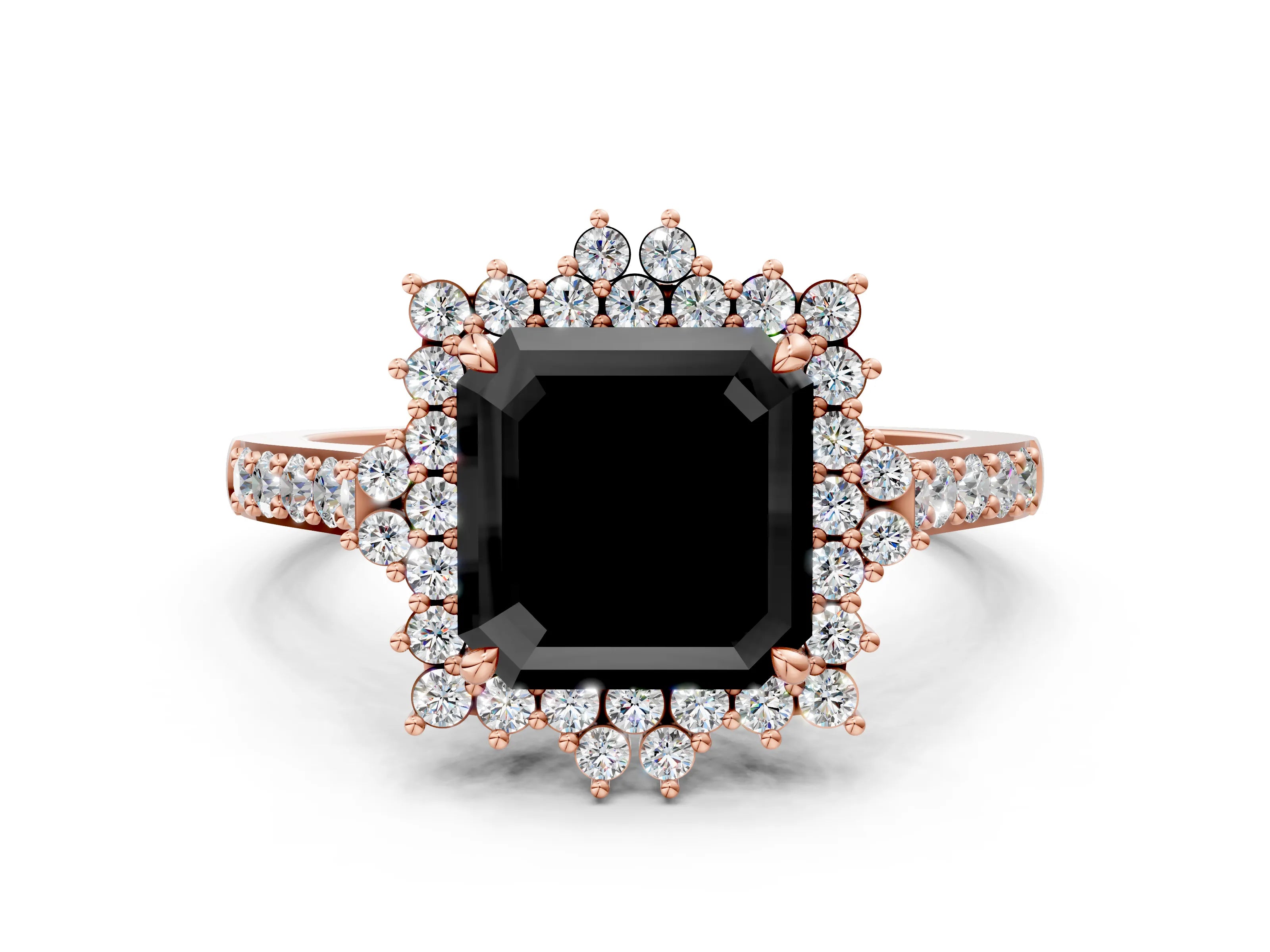 Rose gold Fancy Black Asscher Cut Cut Diamond Sunburst Halo Engagement Ring with Pavé Band