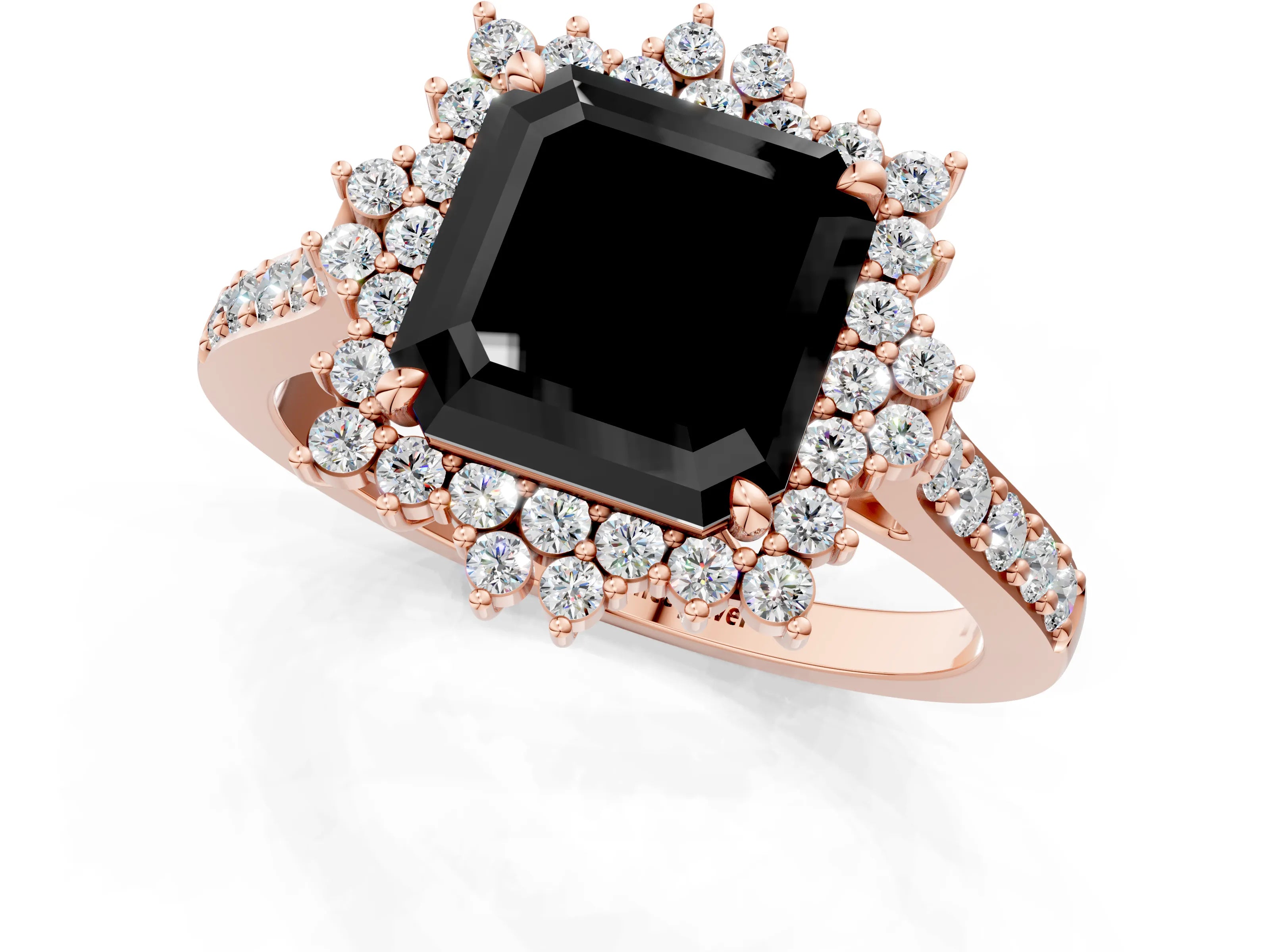 Rose gold Fancy Black Asscher Cut Cut Diamond Sunburst Halo Engagement Ring with Pavé Band_1