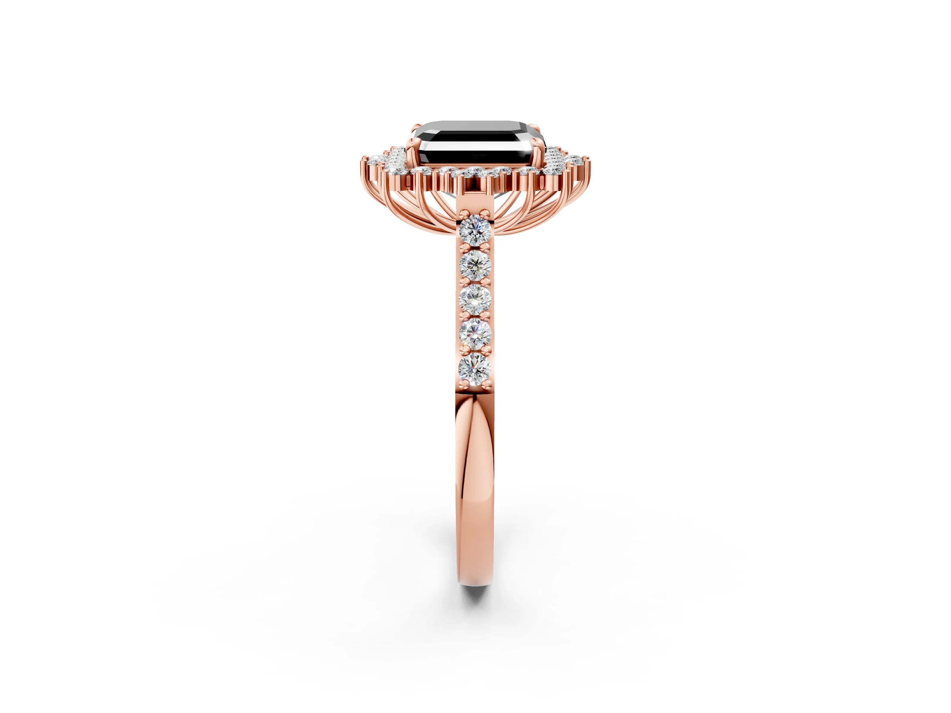 Rose gold Fancy Black Asscher Cut Cut Diamond Sunburst Halo Engagement Ring with Pavé Band_2