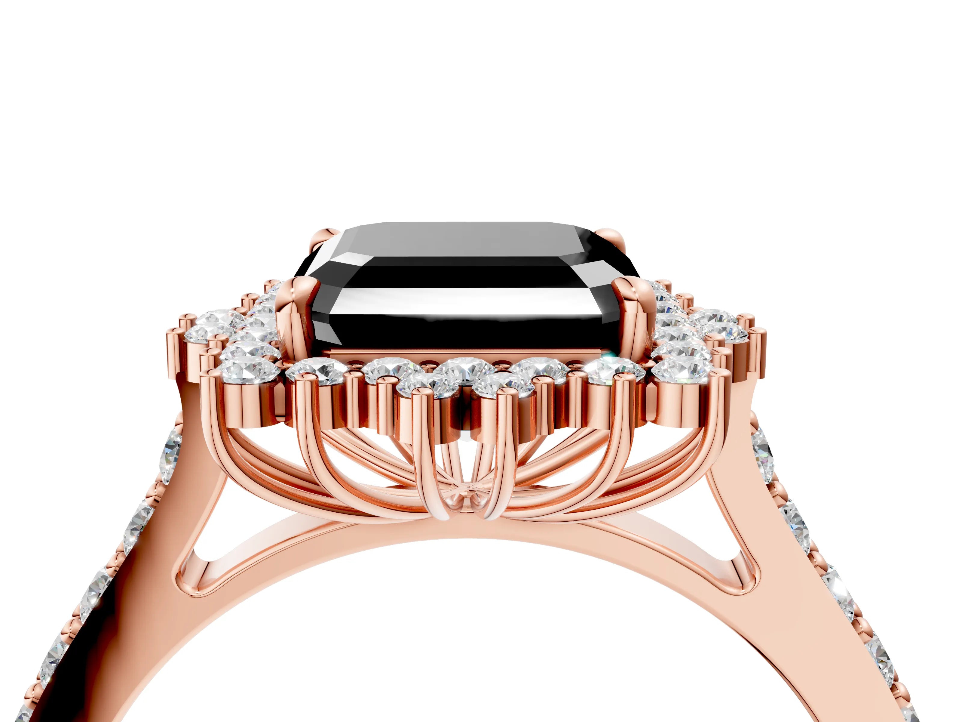 Rose gold Fancy Black Asscher Cut Cut Diamond Sunburst Halo Engagement Ring with Pavé Band_4