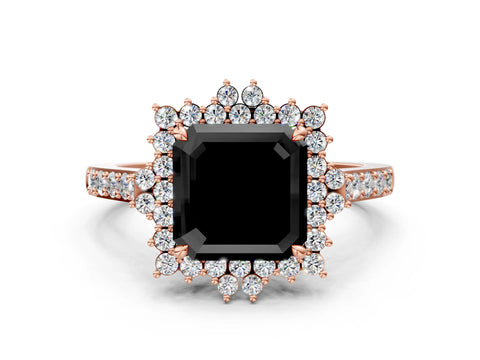 Rose gold Fancy Black Asscher Cut Cut Diamond Sunburst Halo Engagement Ring with Pavé Band
