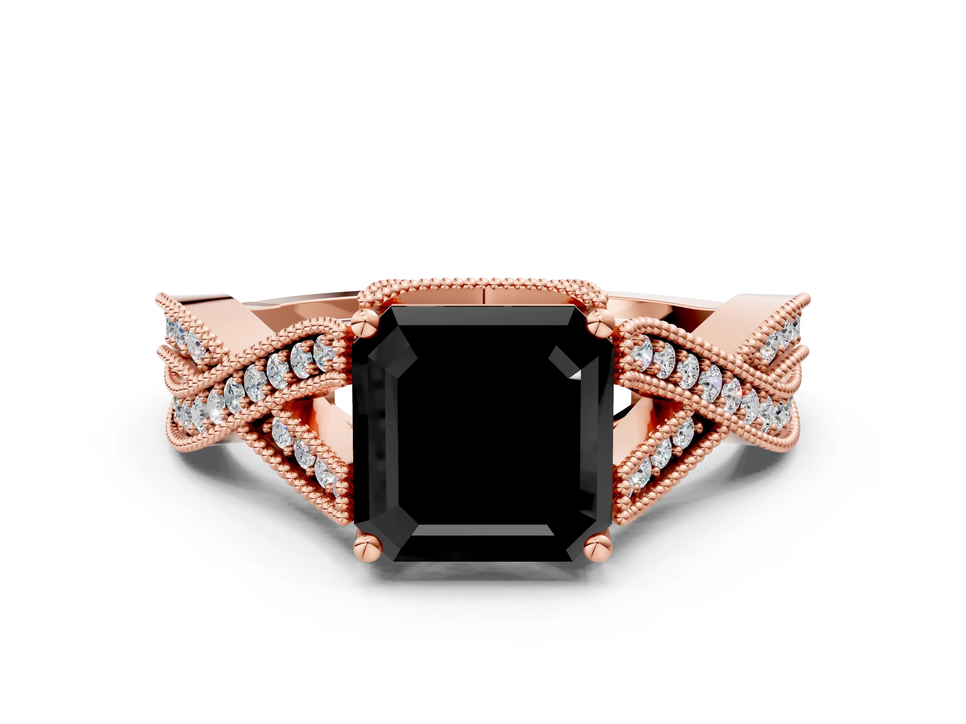 Rose gold Fancy Black Asscher Cut Cut Diamond Twisted Band with Milgrain Pave Setting and Four-Prong Setting