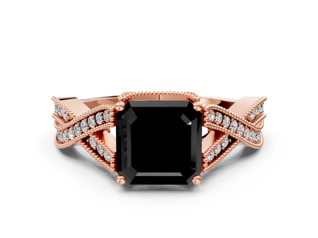 Rose gold Fancy Black Asscher Cut Cut Diamond Twisted Band with Milgrain Pave Setting and Four-Prong Setting