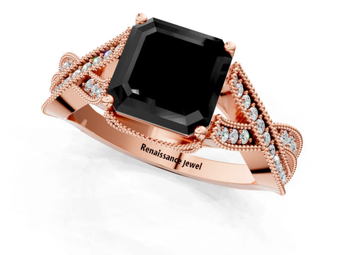 Rose gold Fancy Black Asscher Cut Cut Diamond Twisted Band with Milgrain Pave Setting and Four-Prong Setting_1