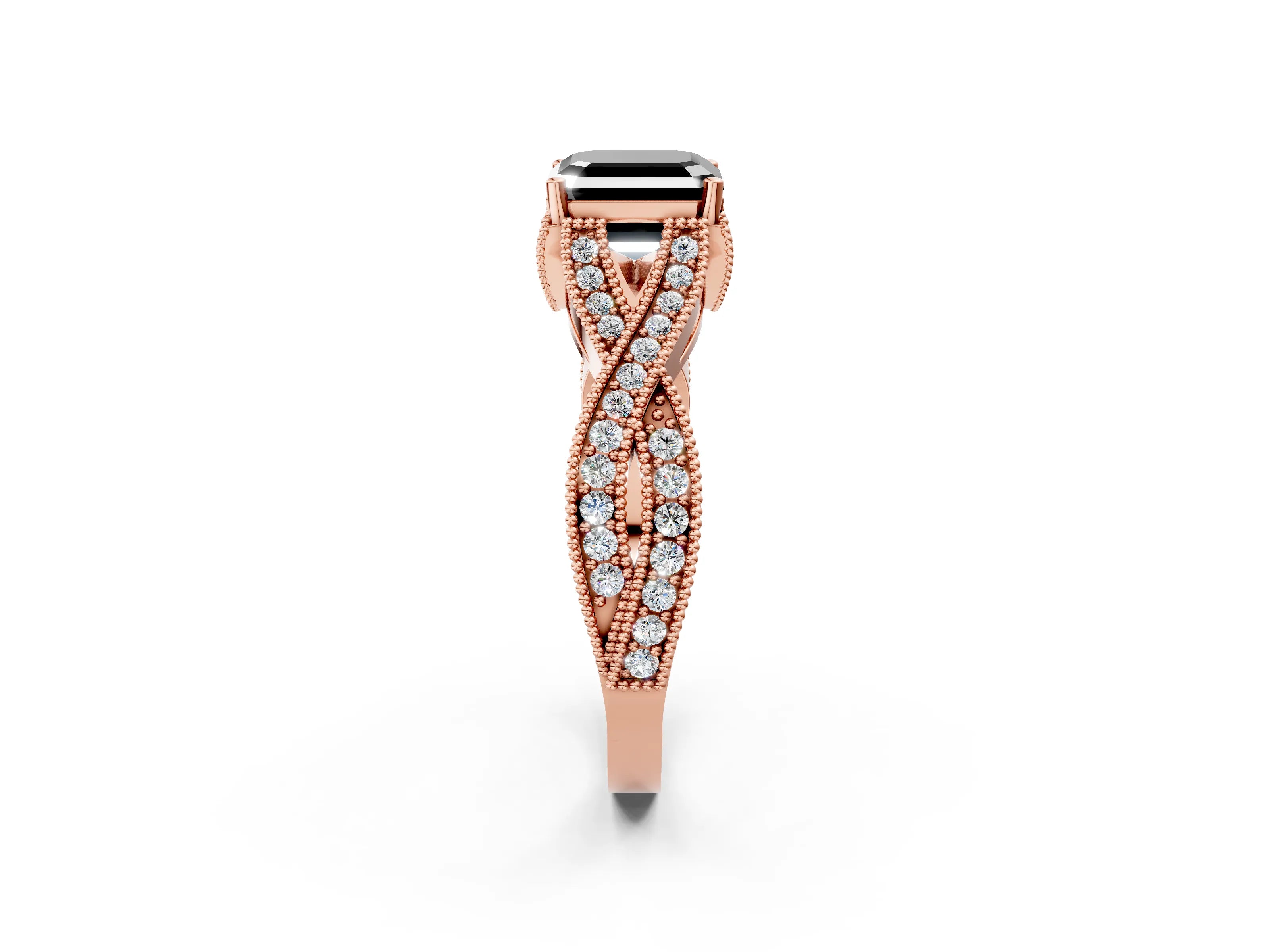 Rose gold Fancy Black Asscher Cut Cut Diamond Twisted Band with Milgrain Pave Setting and Four-Prong Setting_2