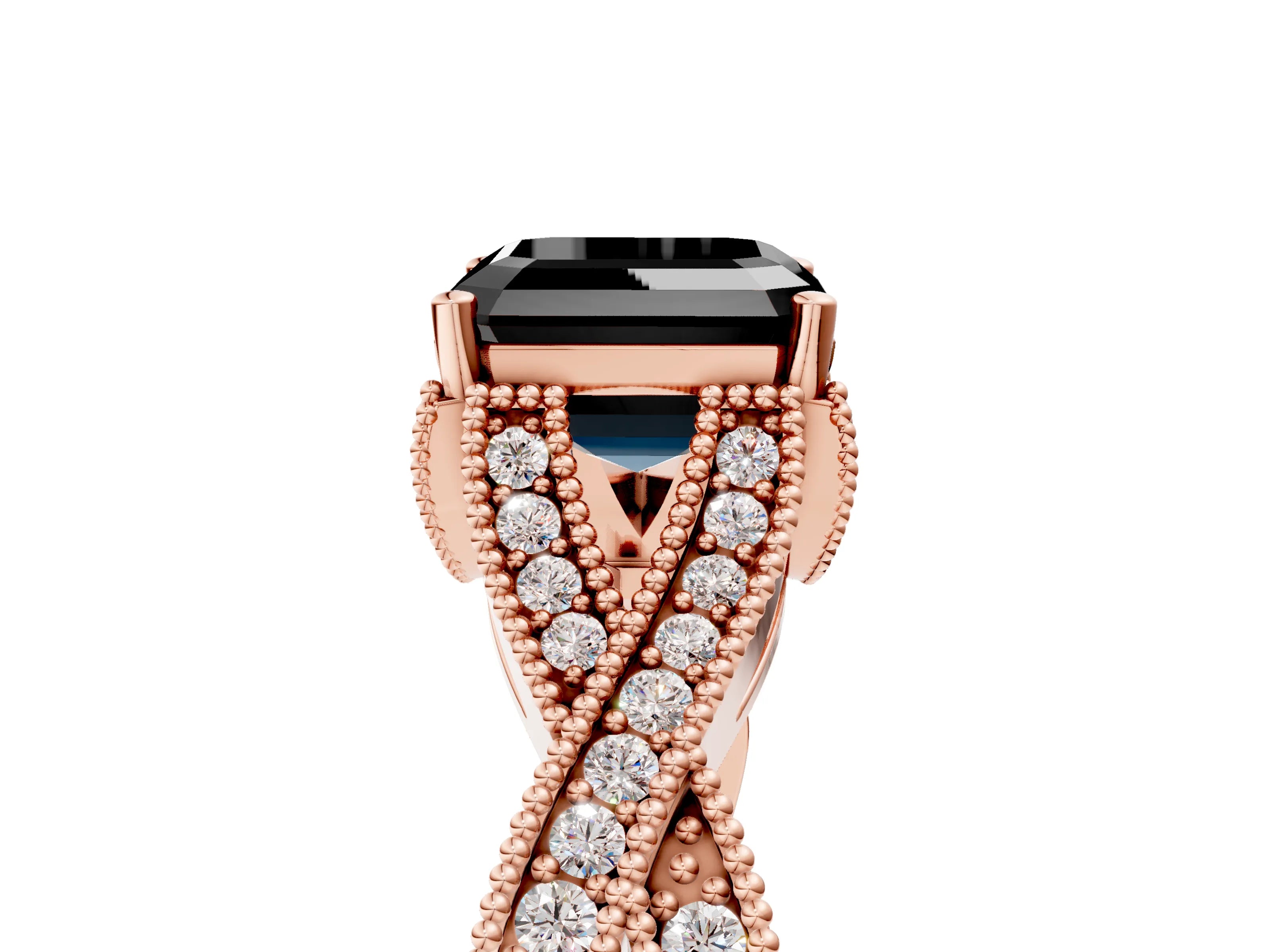 Rose gold Fancy Black Asscher Cut Cut Diamond Twisted Band with Milgrain Pave Setting and Four-Prong Setting_5