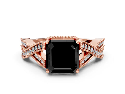 Rose gold Fancy Black Asscher Cut Cut Diamond Twisted Band with Milgrain Pave Setting and Four-Prong Setting