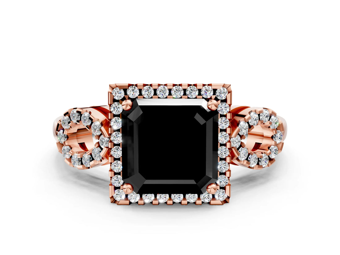 Rose gold Fancy Black Asscher Cut Cut Halo Diamond Infinity Band with Four-Prong Setting