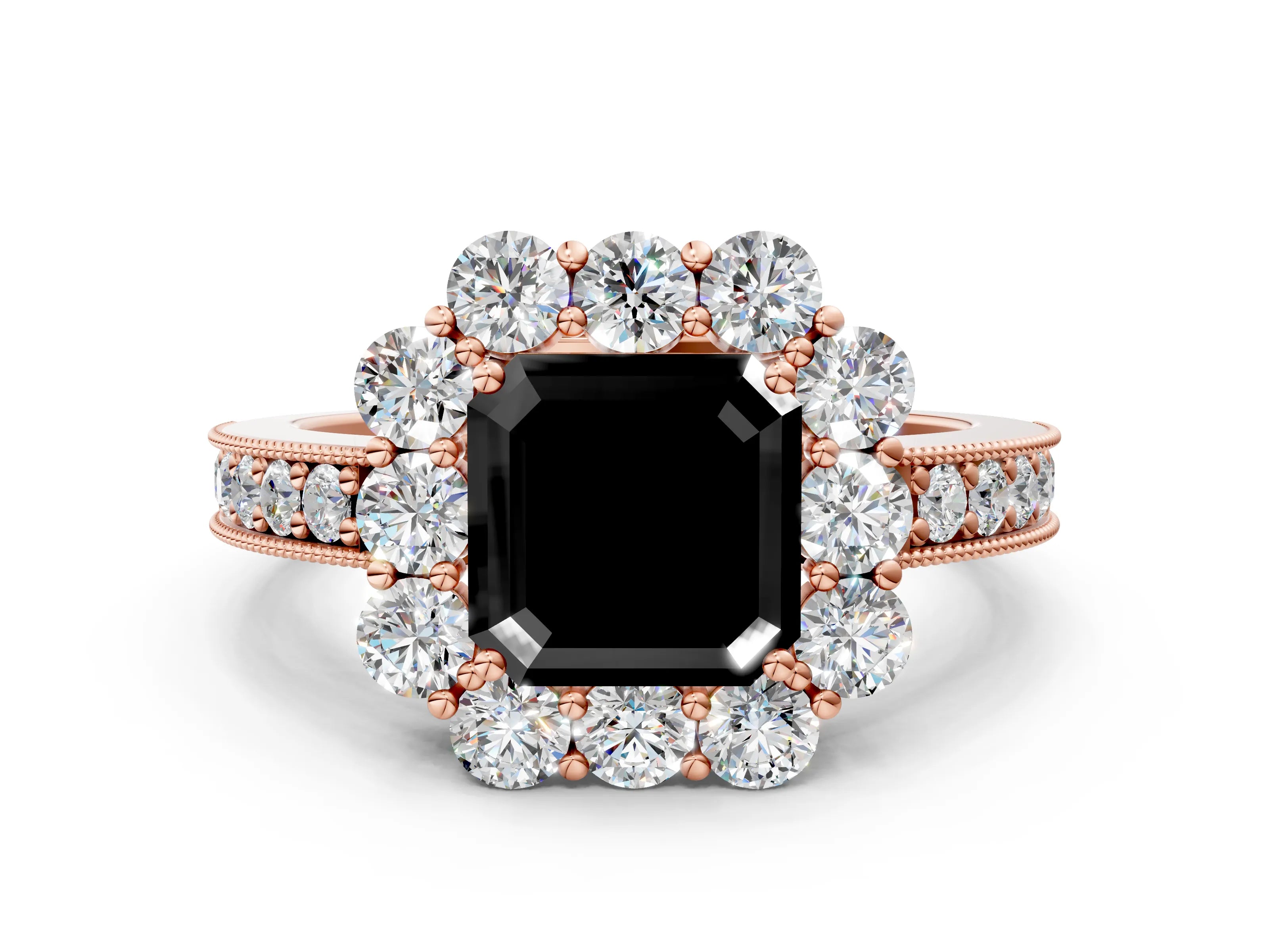 Rose gold Fancy Black Asscher Cut Cut Halo Diamond Pavé Engagement Ring with Milgrain Detailing