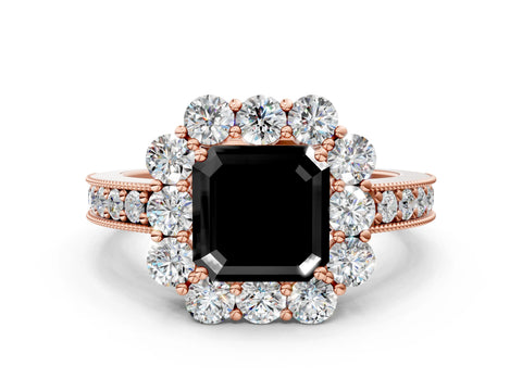 Rose gold Fancy Black Asscher Cut Cut Halo Diamond Pavé Engagement Ring with Milgrain Detailing