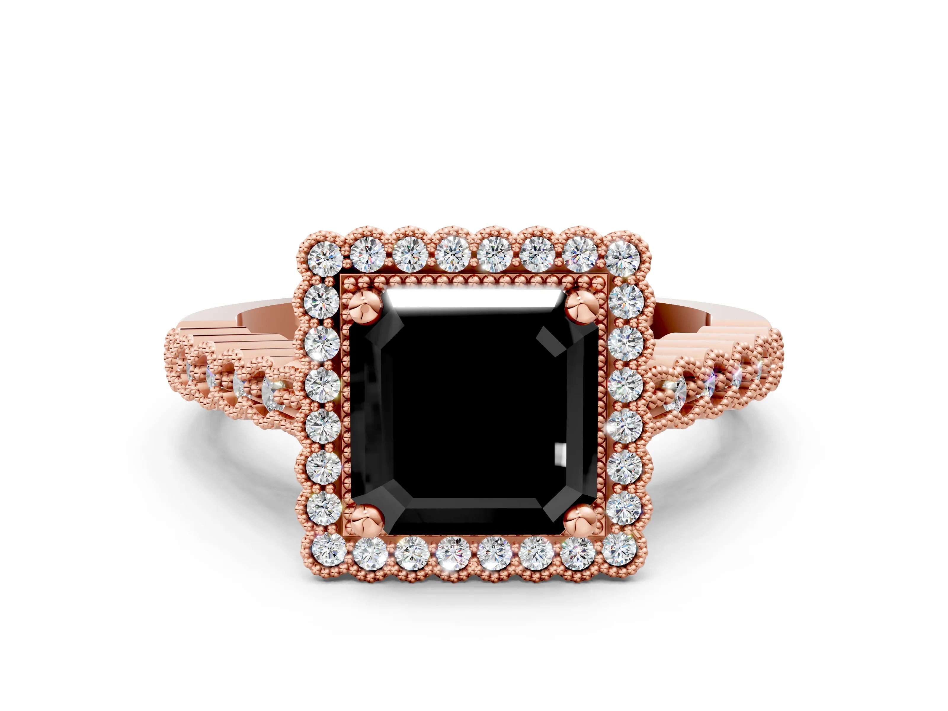 Rose gold Fancy Black Asscher Cut Cut Halo Pavé Solitaire Ring with Milgrain Band
