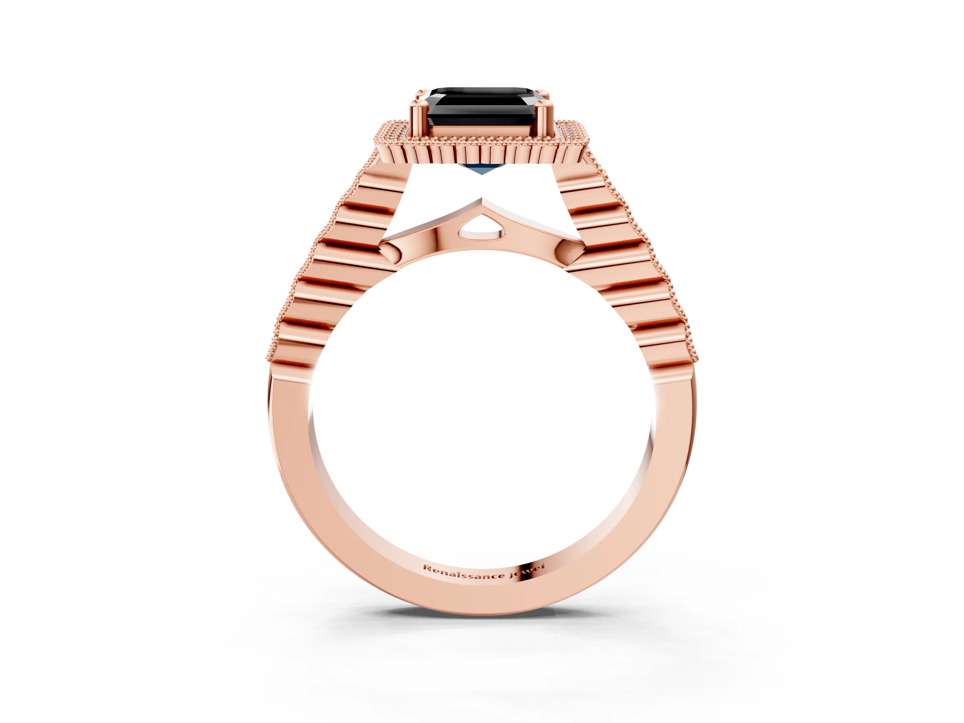 Rose gold Fancy Black Asscher Cut Cut Halo Pavé Solitaire Ring with Milgrain Band_3