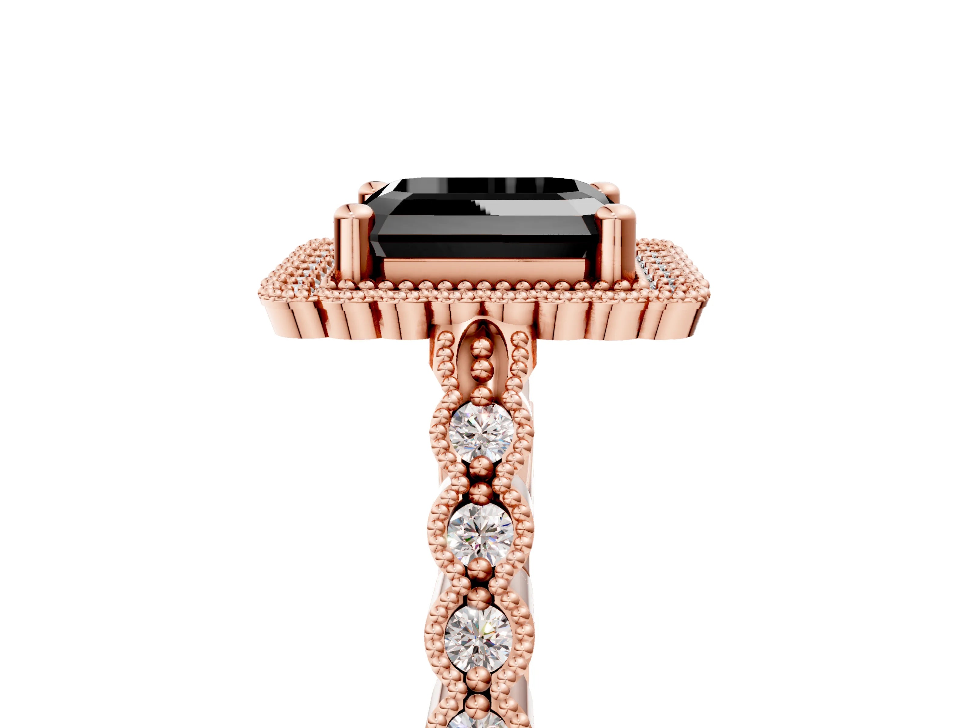Rose gold Fancy Black Asscher Cut Cut Halo Pavé Solitaire Ring with Milgrain Band_5