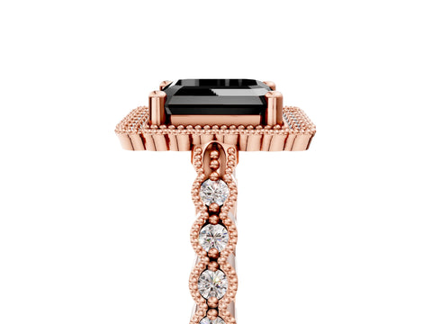 Rose gold Fancy Black Asscher Cut Cut Halo Pavé Solitaire Ring with Milgrain Band_5