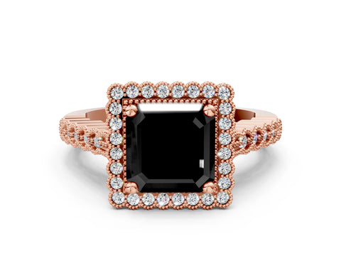 Rose gold Fancy Black Asscher Cut Cut Halo Pavé Solitaire Ring with Milgrain Band