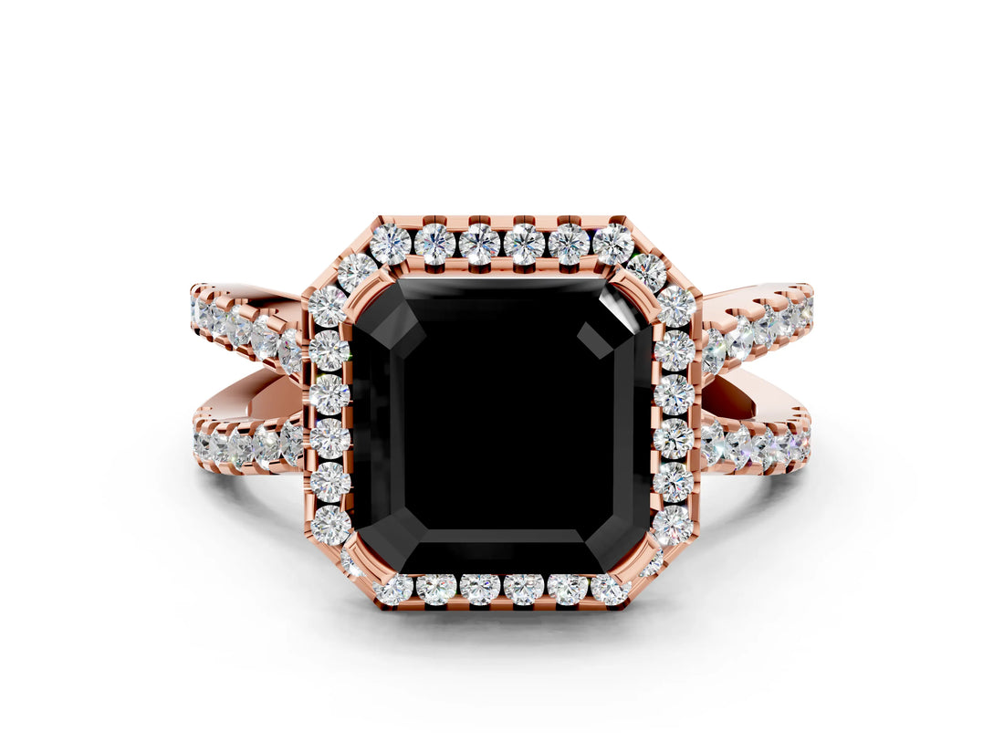 Rose gold Fancy Black Asscher Cut Cut Halo Split Shank Pave Set Ring