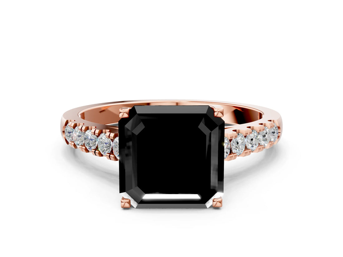 Rose gold Fancy Black Asscher Cut Cut Pavé Band Solitaire Ring with Four-Prong Setting