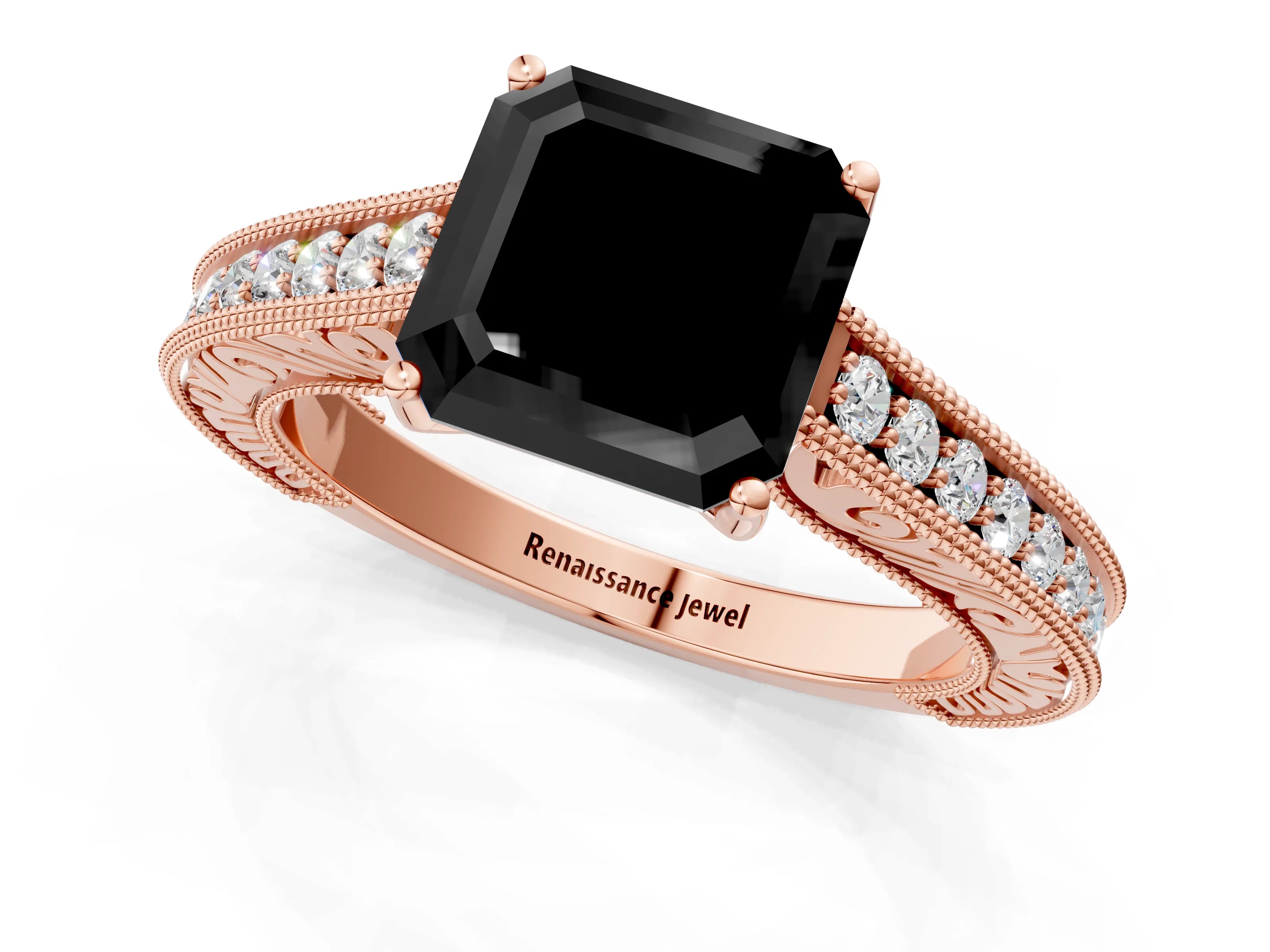 Rose gold Fancy Black Asscher Cut Cut Pave Band Milgrain Solitaire Ring_1