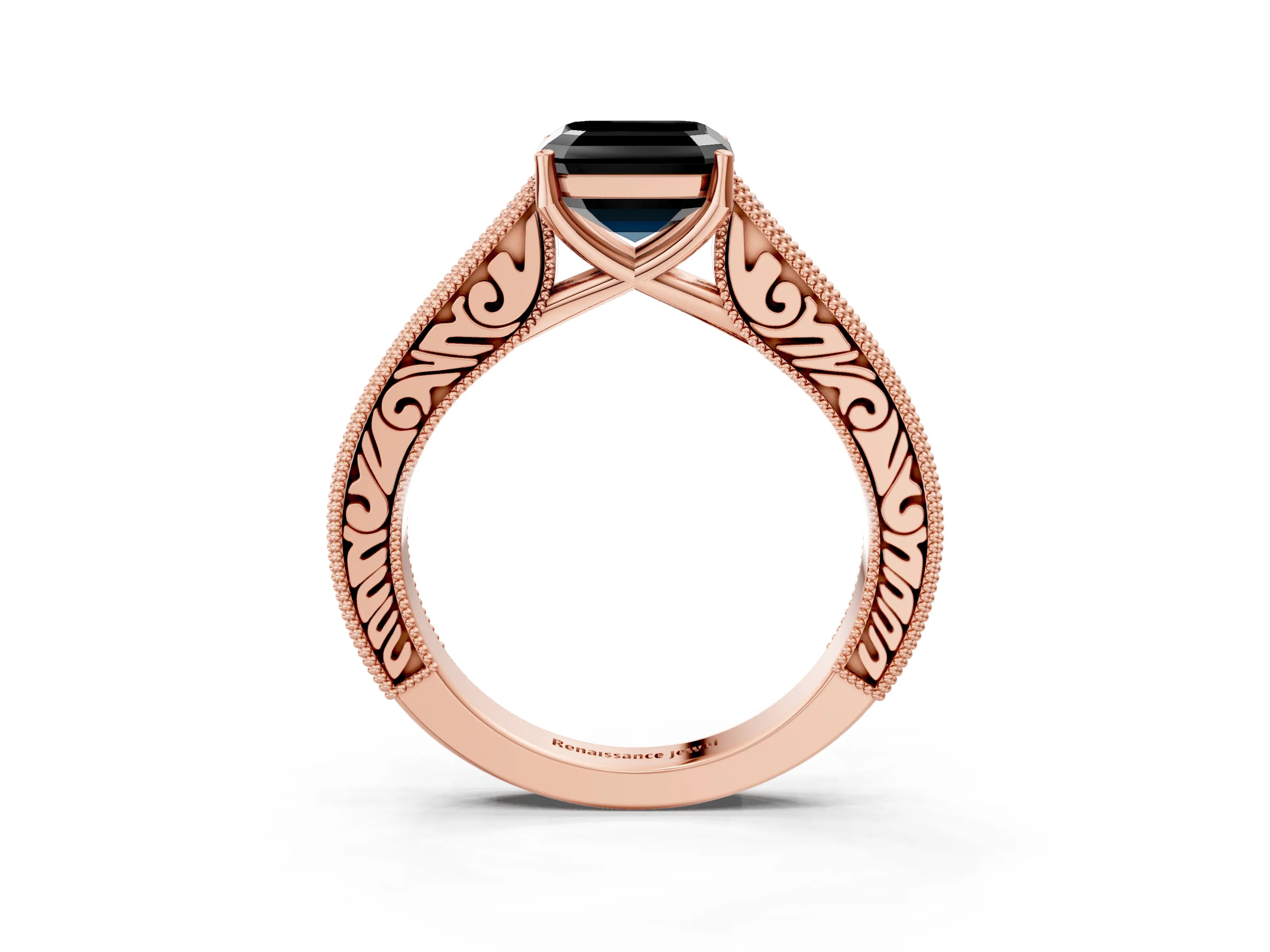 Rose gold Fancy Black Asscher Cut Cut Pave Band Milgrain Solitaire Ring_3