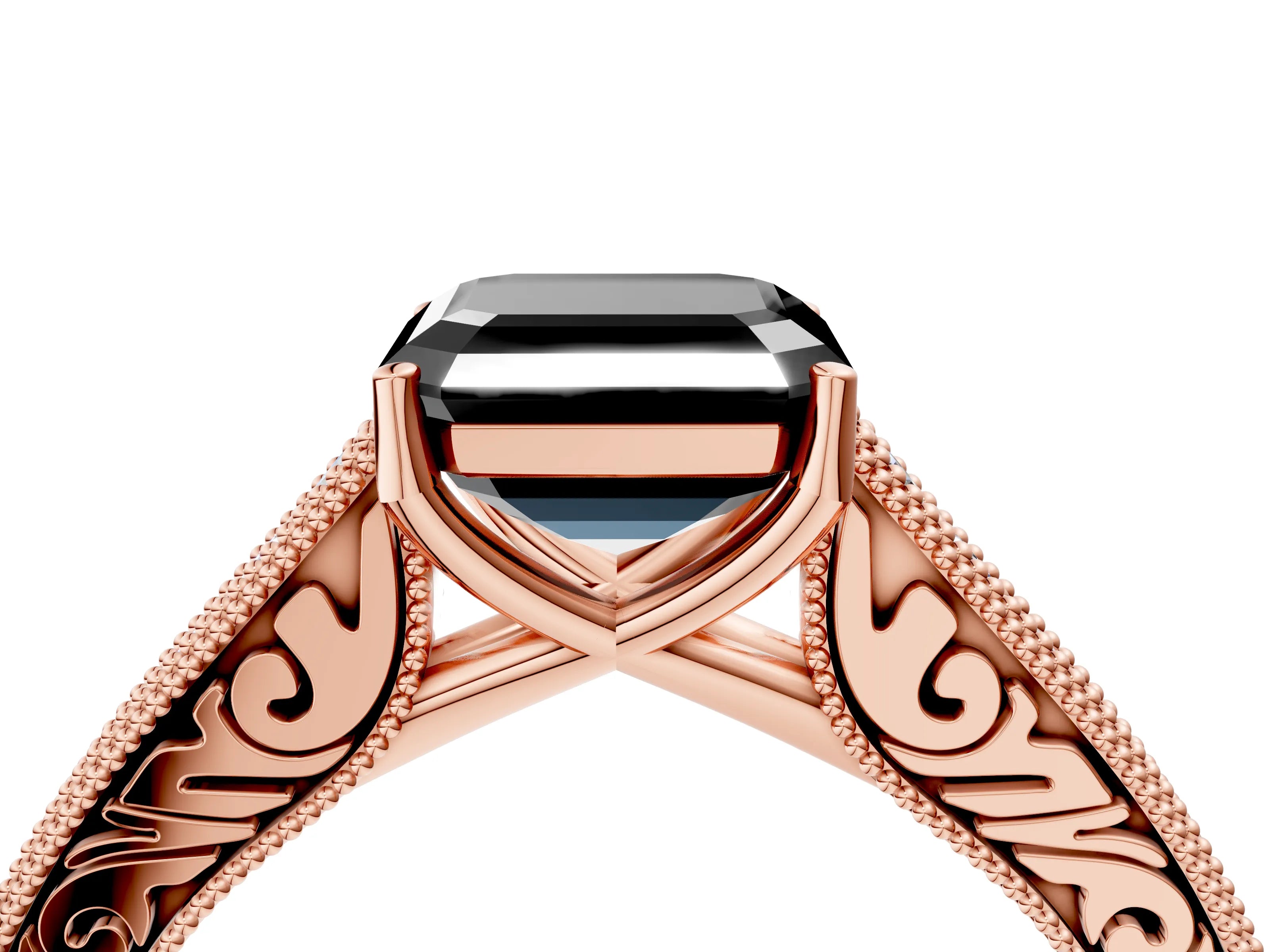 Rose gold Fancy Black Asscher Cut Cut Pave Band Milgrain Solitaire Ring_4