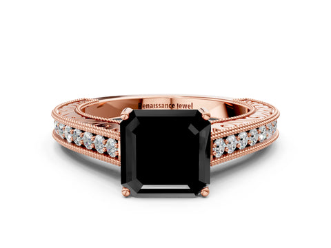 Rose gold Fancy Black Asscher Cut Cut Pave Band Milgrain Solitaire Ring
