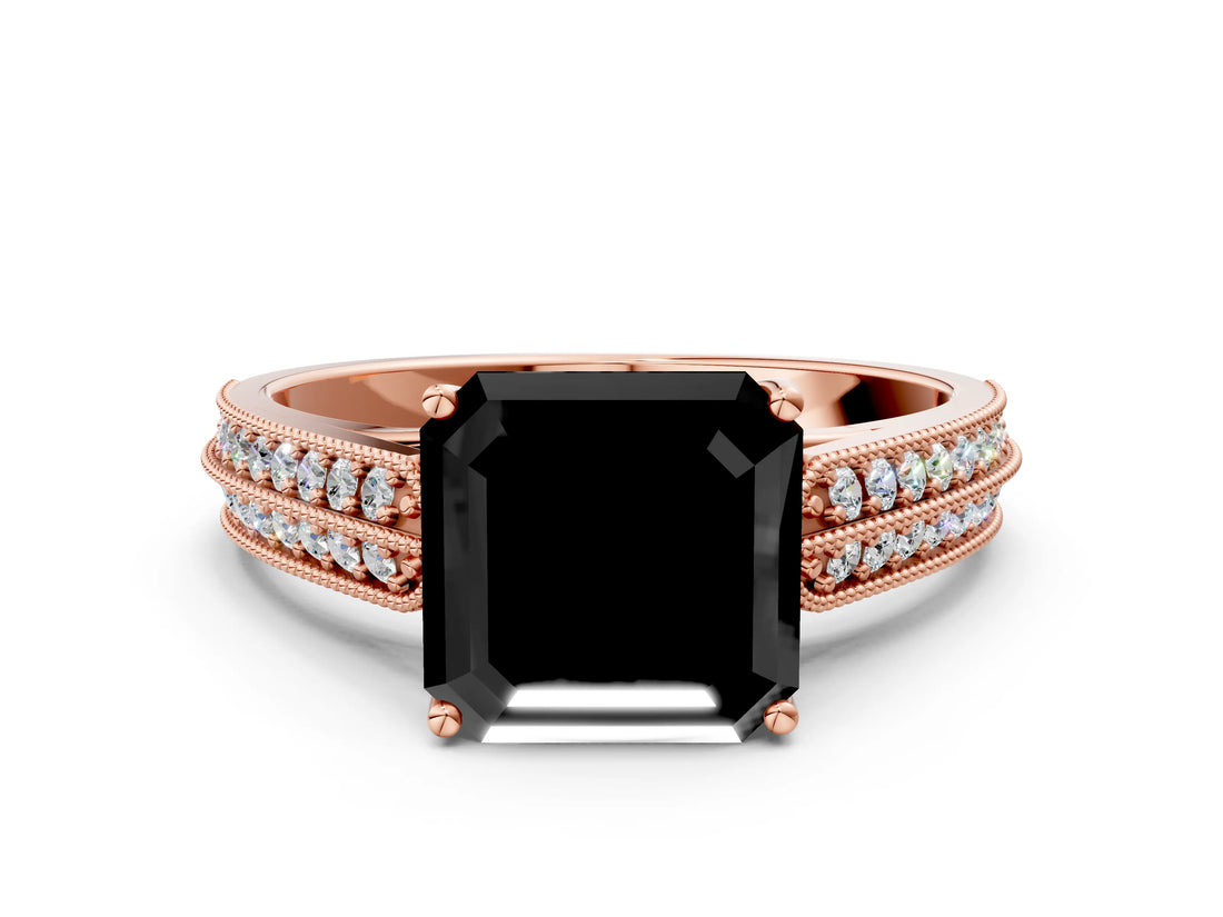Rose gold Fancy Black Asscher Cut Cut Pave Split Shank Engagement Ring with Four-Prong Setting