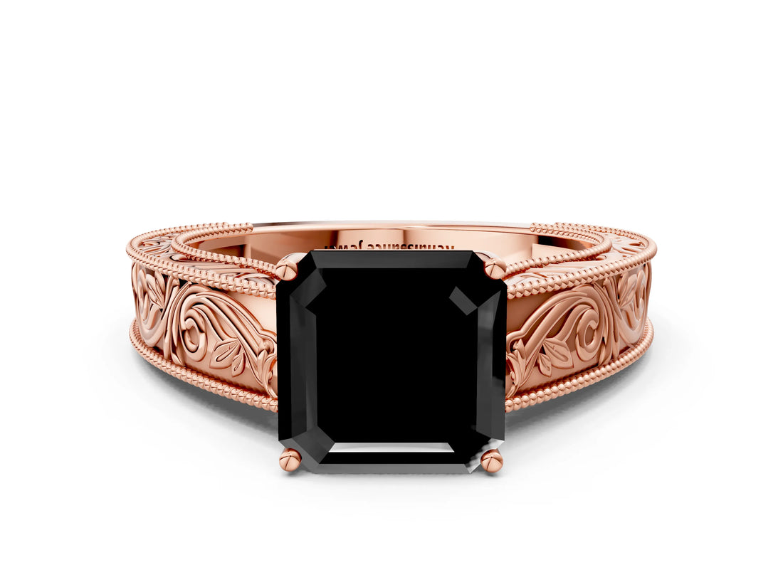 Rose gold Fancy Black Asscher Cut Cut Solitaire Engraved Band with Four-Prong Setting