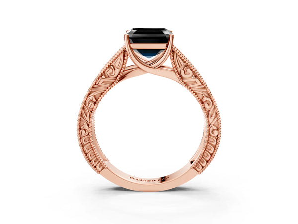 Rose Gold Asscher Cut Vintage Engraved Solitaire Engagement Ring Setting for Black Center
