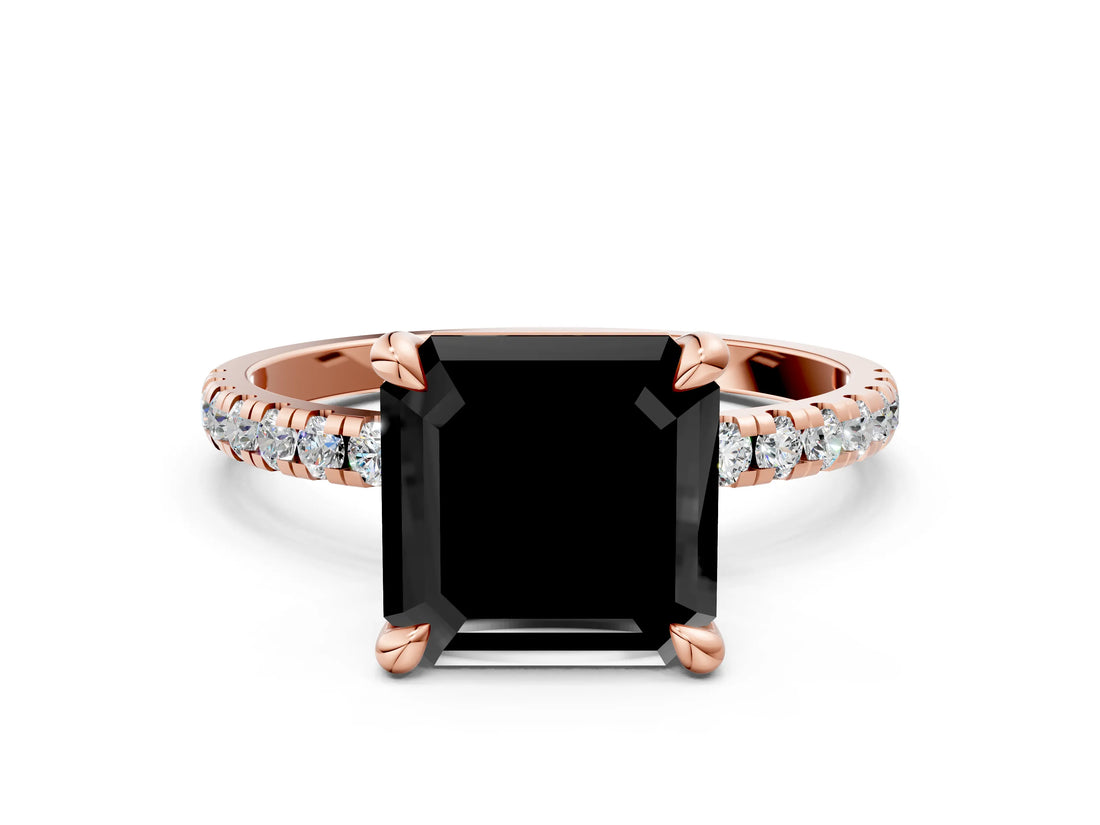 Rose gold Fancy Black Asscher Cut Diamond Brilliant Solitaire Ring with Pavé Band and Four-Prong Setting