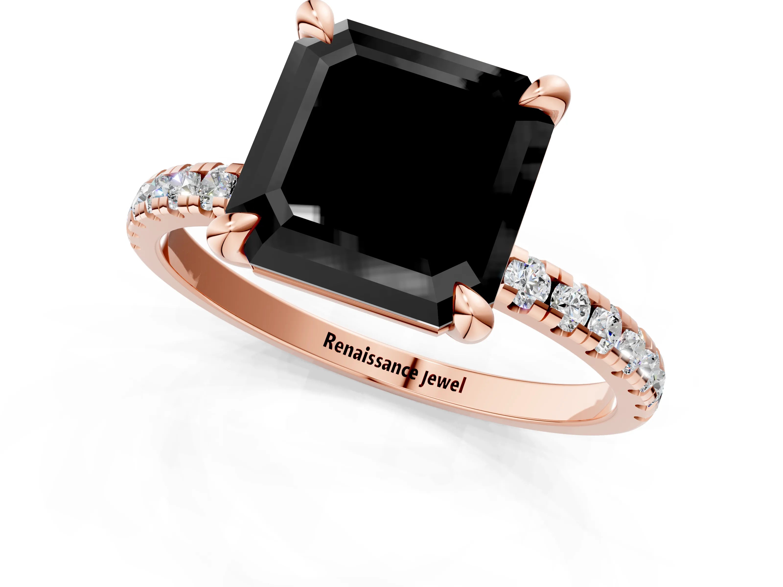 Rose gold Fancy Black Asscher Cut Diamond Brilliant Solitaire Ring with Pavé Band and Four-Prong Setting_1