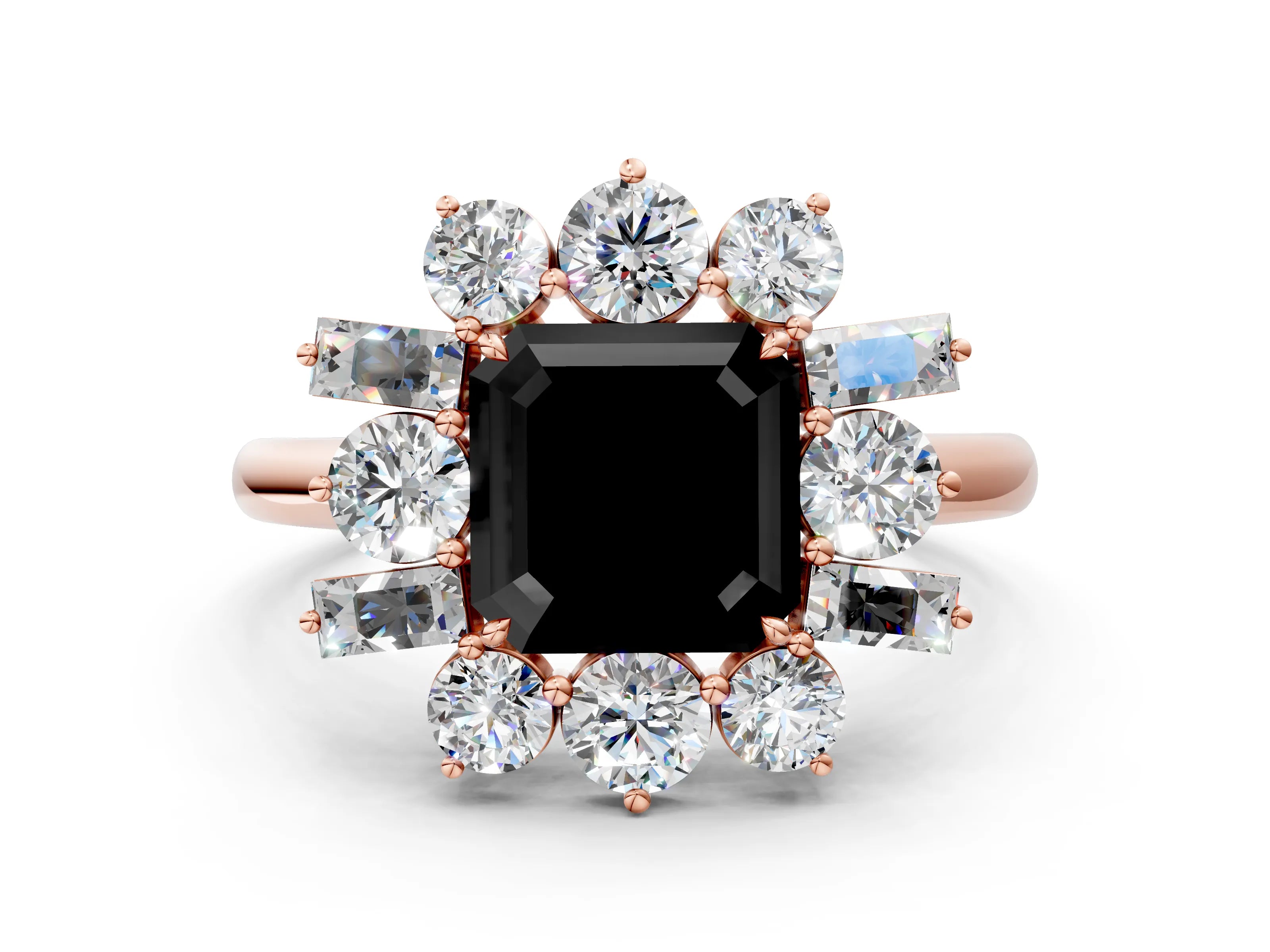 Rose gold Fancy Black Asscher Cut Diamond Cluster Ring with Round and Baguette Stones, Split Shank Band, Prong Setting