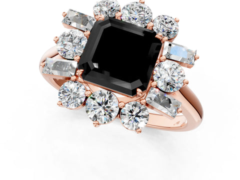Rose gold Fancy Black Asscher Cut Diamond Cluster Ring with Round and Baguette Stones, Split Shank Band, Prong Setting_1