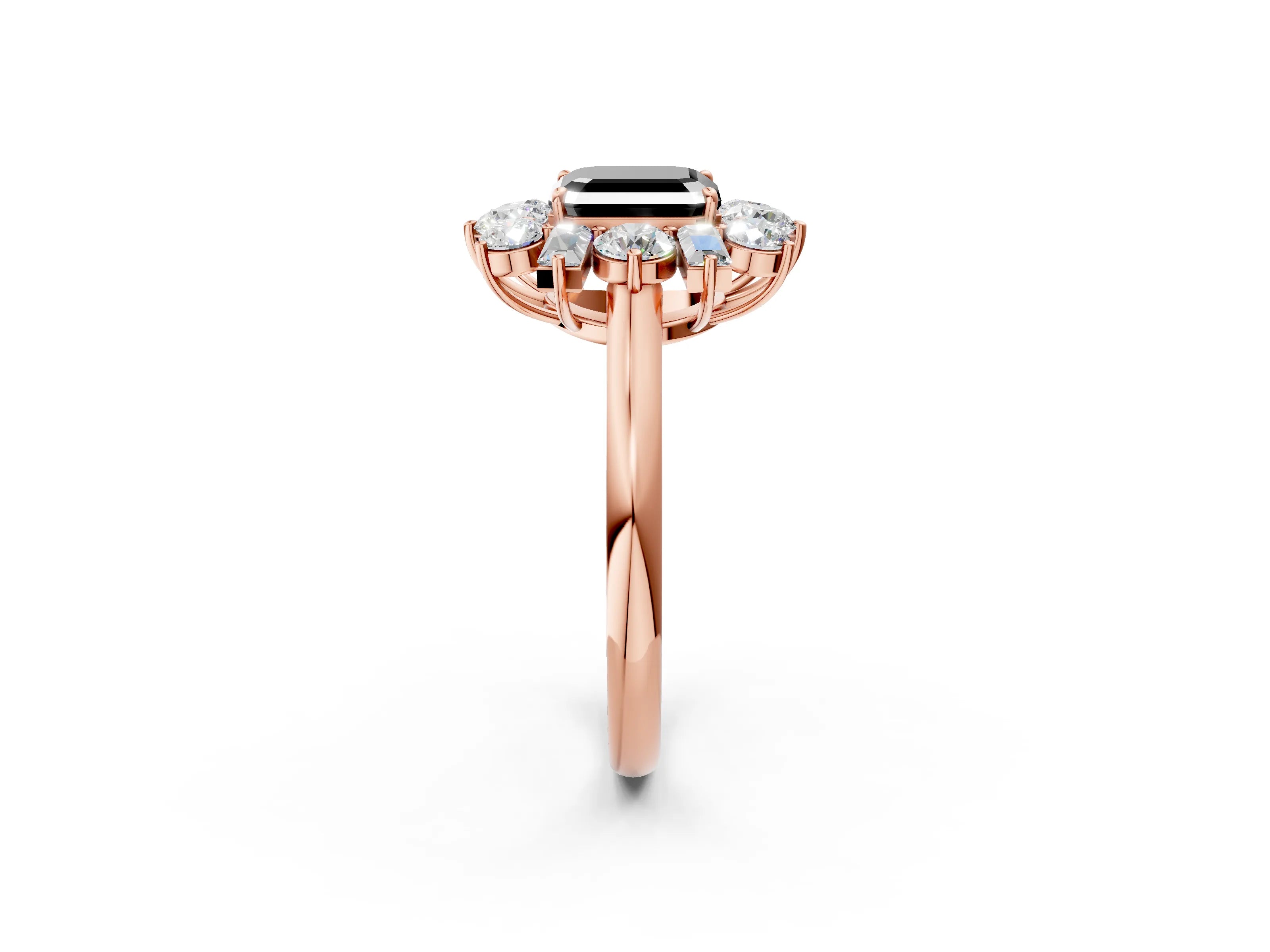 Rose gold Fancy Black Asscher Cut Diamond Cluster Ring with Round and Baguette Stones, Split Shank Band, Prong Setting_2