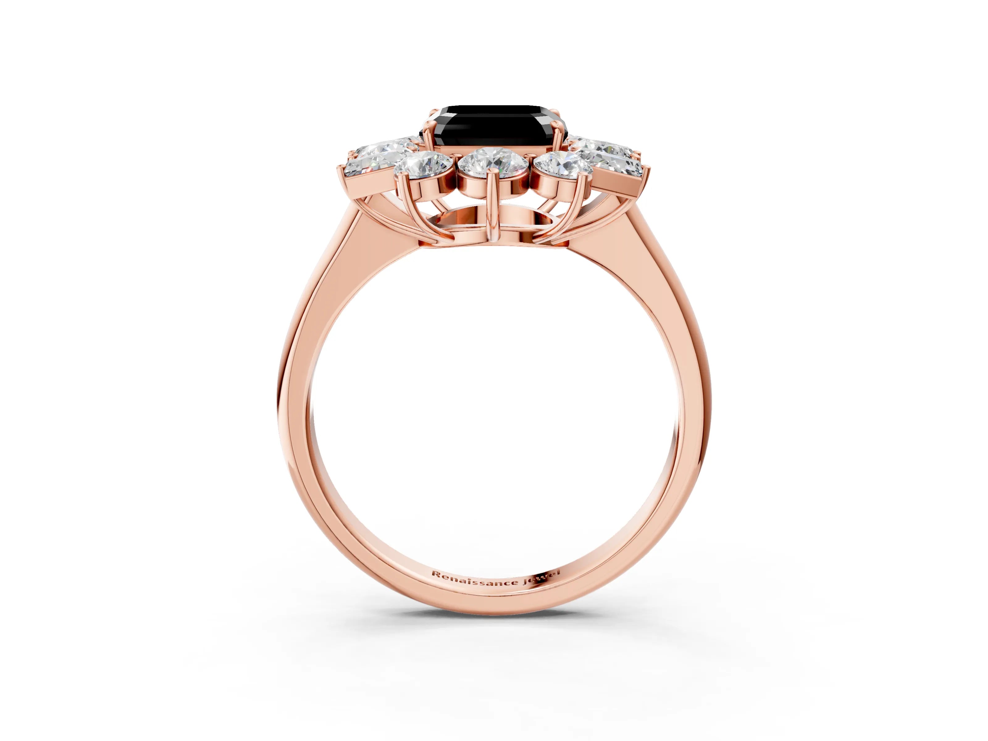 Rose gold Fancy Black Asscher Cut Diamond Cluster Ring with Round and Baguette Stones, Split Shank Band, Prong Setting_3