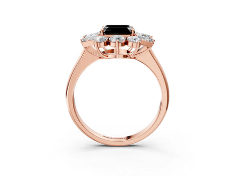 Rose gold Fancy Black Asscher Cut Diamond Cluster Ring with Round and Baguette Stones, Split Shank Band, Prong Setting_3