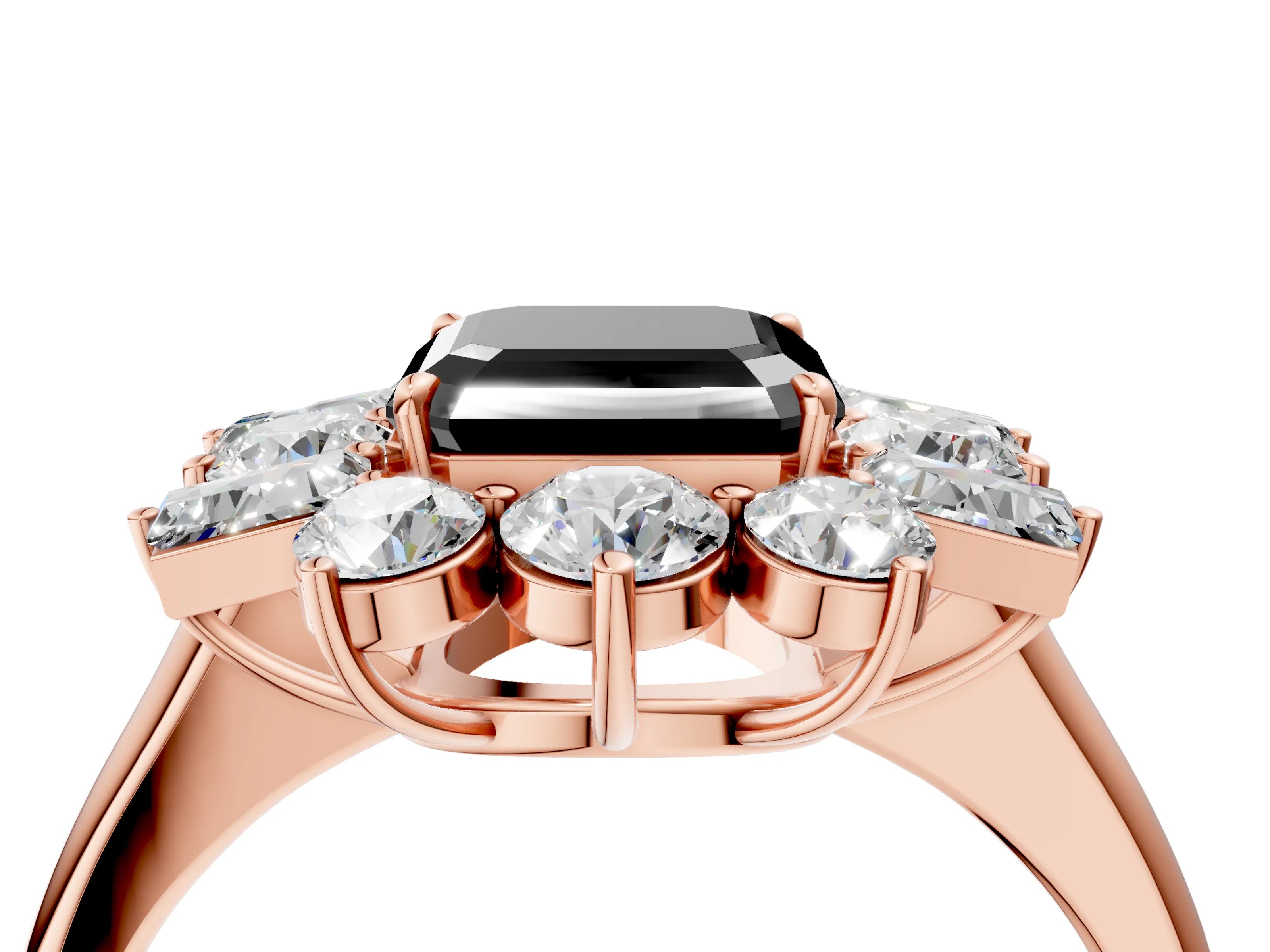 Rose gold Fancy Black Asscher Cut Diamond Cluster Ring with Round and Baguette Stones, Split Shank Band, Prong Setting_4