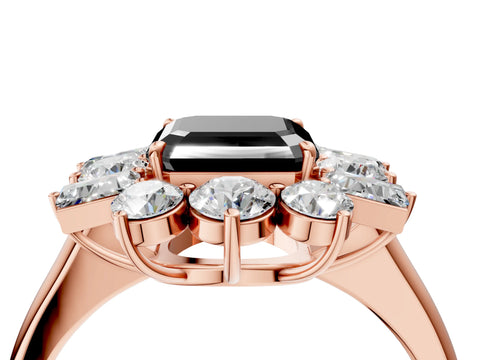 Rose gold Fancy Black Asscher Cut Diamond Cluster Ring with Round and Baguette Stones, Split Shank Band, Prong Setting_4