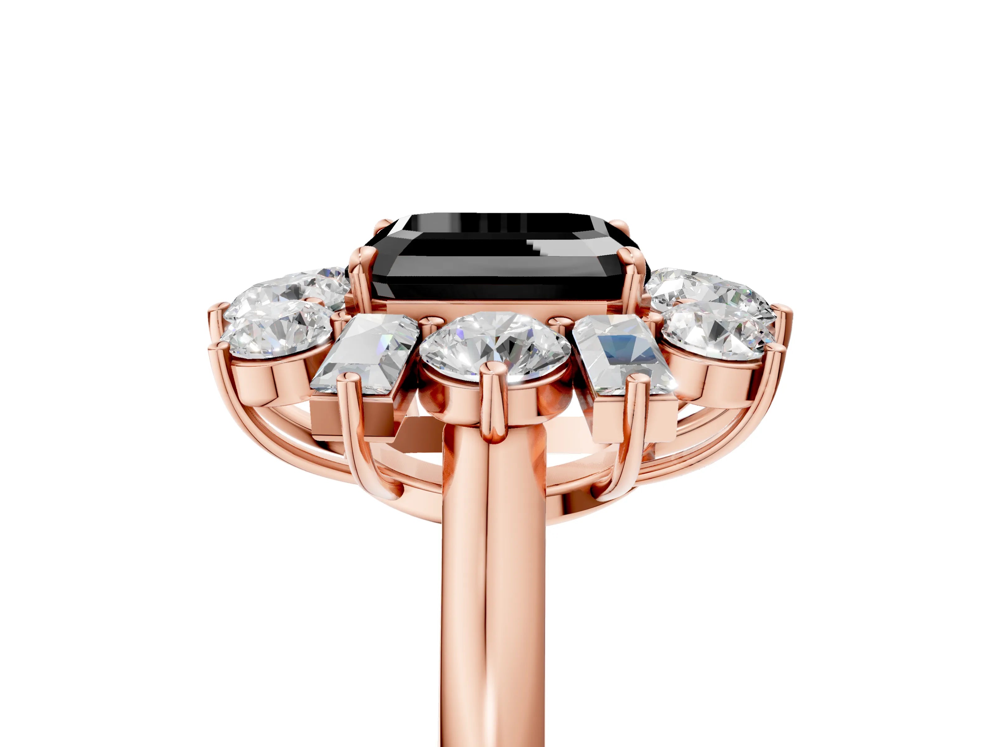 Rose gold Fancy Black Asscher Cut Diamond Cluster Ring with Round and Baguette Stones, Split Shank Band, Prong Setting_5