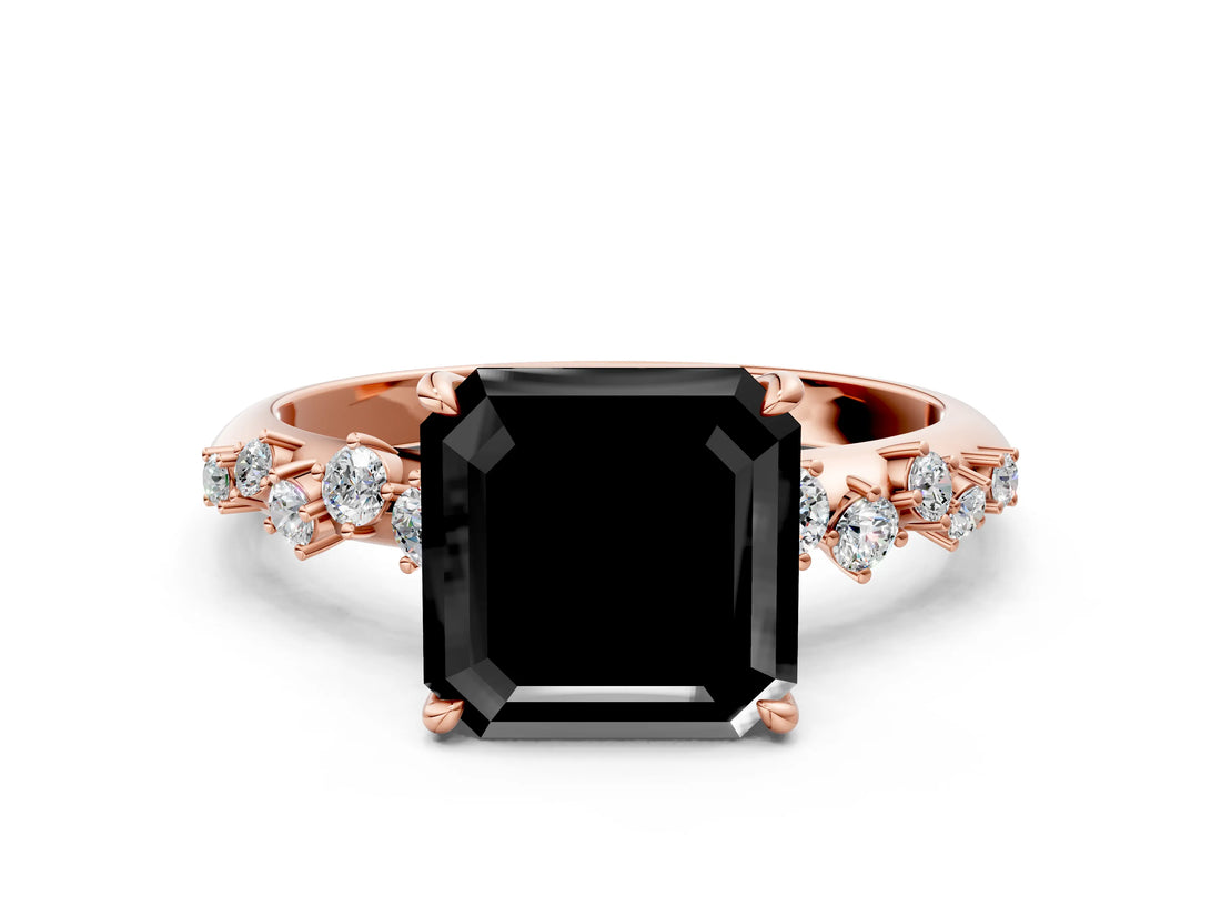 Rose gold Fancy Black Asscher Cut Diamond Cluster Side Stone Solitaire Ring with Prong Setting_24