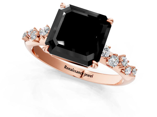 Rose Gold Asscher Cut Graduated Cluster Engagement Ring Setting for Black Center
