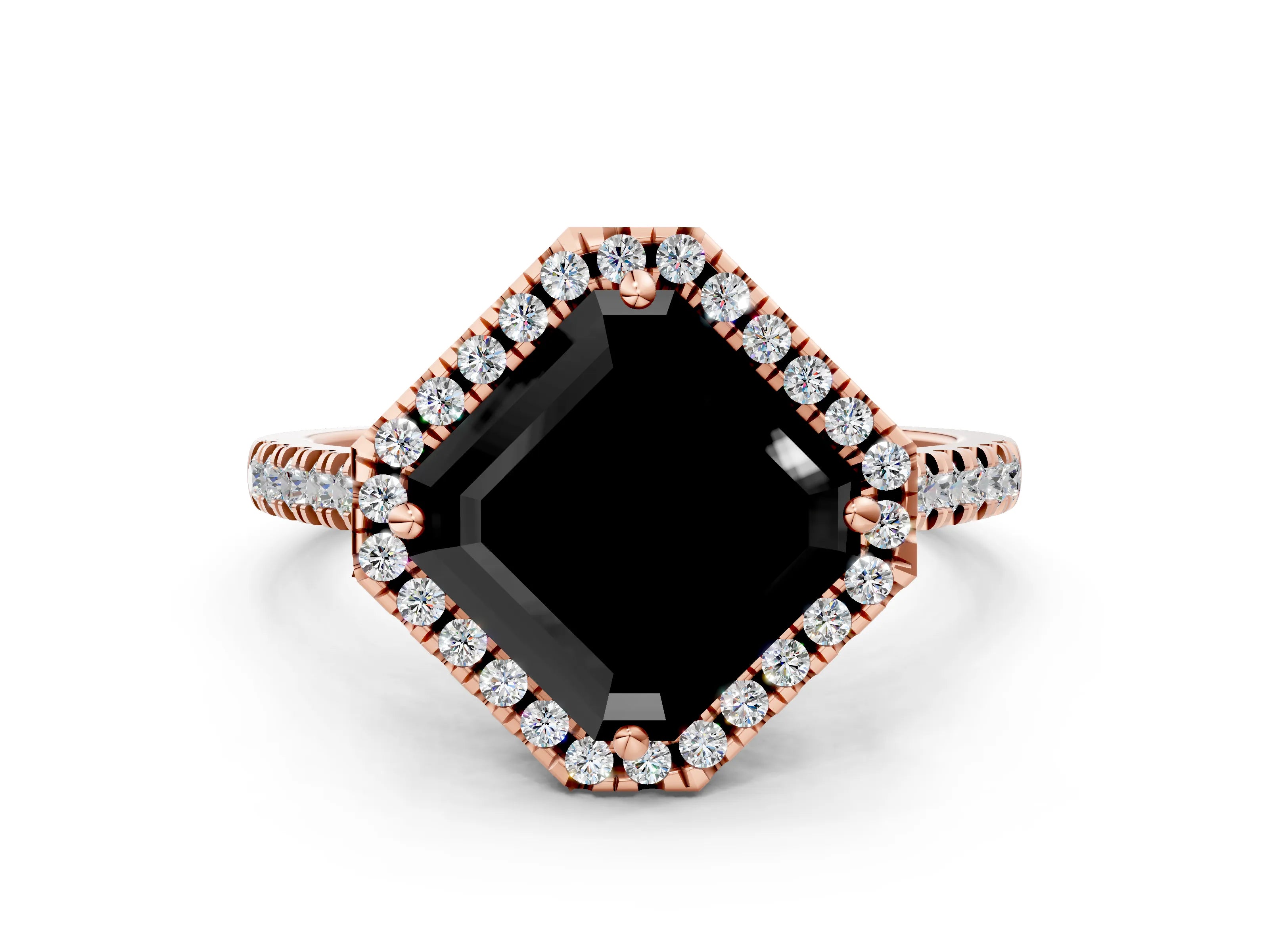 Rose gold Fancy Black Asscher Cut Diamond Cushion Halo Ring with Pavé Band