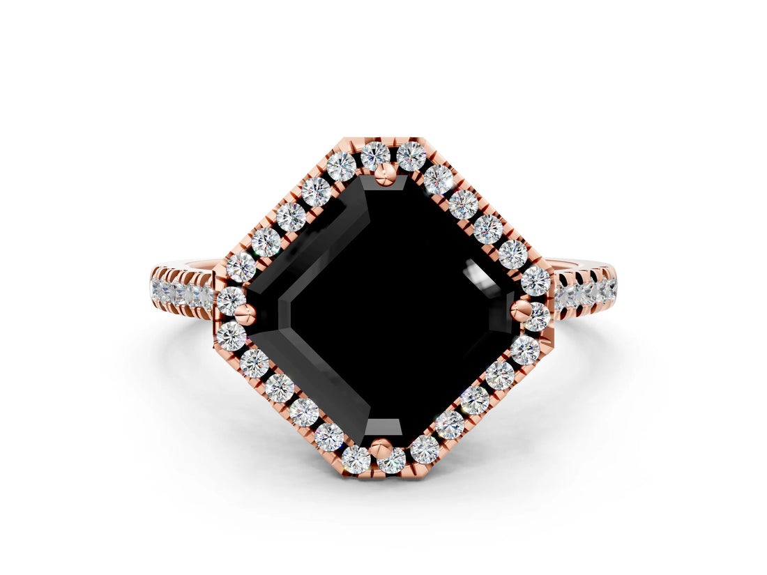 Rose gold Fancy Black Asscher Cut Diamond Cushion Halo Ring with Pavé Band