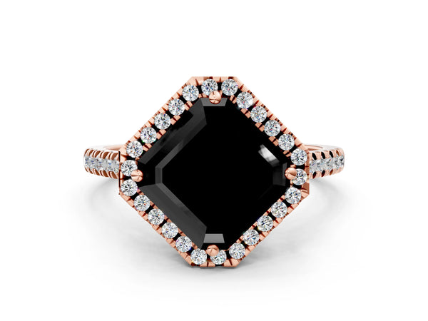 Rose Gold Asscher Cut Contoured Halo Pave Engagement Ring Setting for Black Center