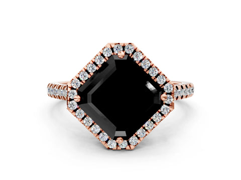 Rose gold Fancy Black Asscher Cut Diamond Cushion Halo Ring with Pavé Band