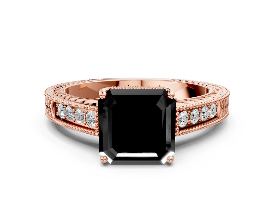 Rose gold Fancy Black Asscher Cut Diamond Engagement Ring with Milgrain Channel Set Band and Prong Setting