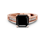 Rose gold Fancy Black Asscher Cut Diamond Engagement Ring with Milgrain Channel Set Band and Prong Setting