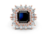 Rose gold Fancy Black Asscher Cut Diamond Floral Double Halo Engagement Ring with Prong Setting